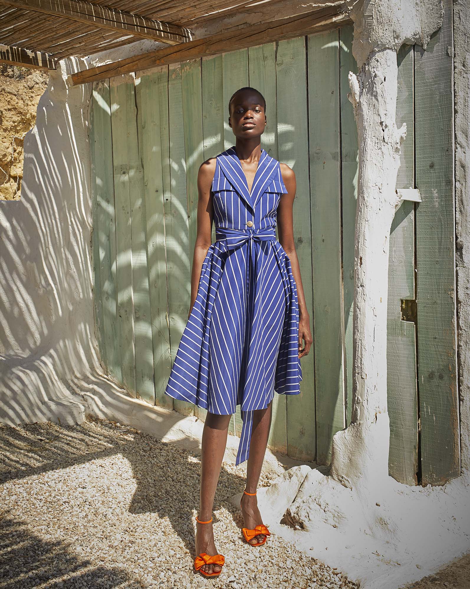 0207 Striped Belted Midi Dress - ST 0207 Navy Blue - Image 1