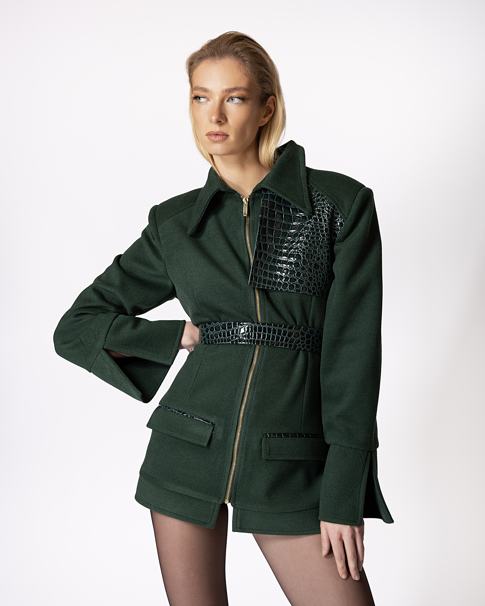 FW004 FW-004 | GREEN STRUCTURED JACKET WITH CROC-EFFECT DETAILS - Image 1