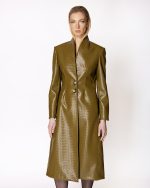 FW-006 | LONG OLIVE COAT WITH EMBOSSED WOVEN TEXTURE