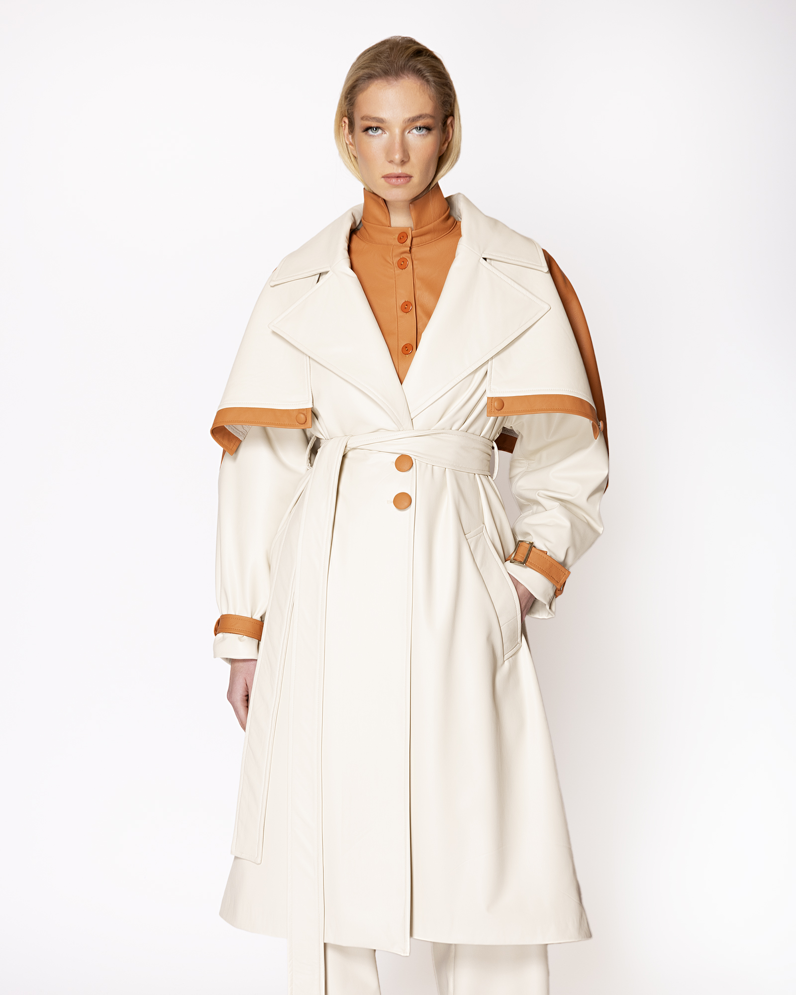 FW007B FW-007 | OFF-WHITE CAPE TRENCH COAT WITH CARAMEL DETAILS - Image 1