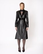 FW-009 | LONG BLACK LEATHER-EFFECT COAT WITH GLOSSY DETAILS