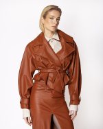 FW-011 | CROPPED RUST LEATHER-EFFECT TRENCH JACKET - Image 3