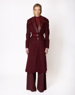 FW-014 | LONG BURGUNDY COAT WITH CROC-EFFECT DETAILS AND BELT