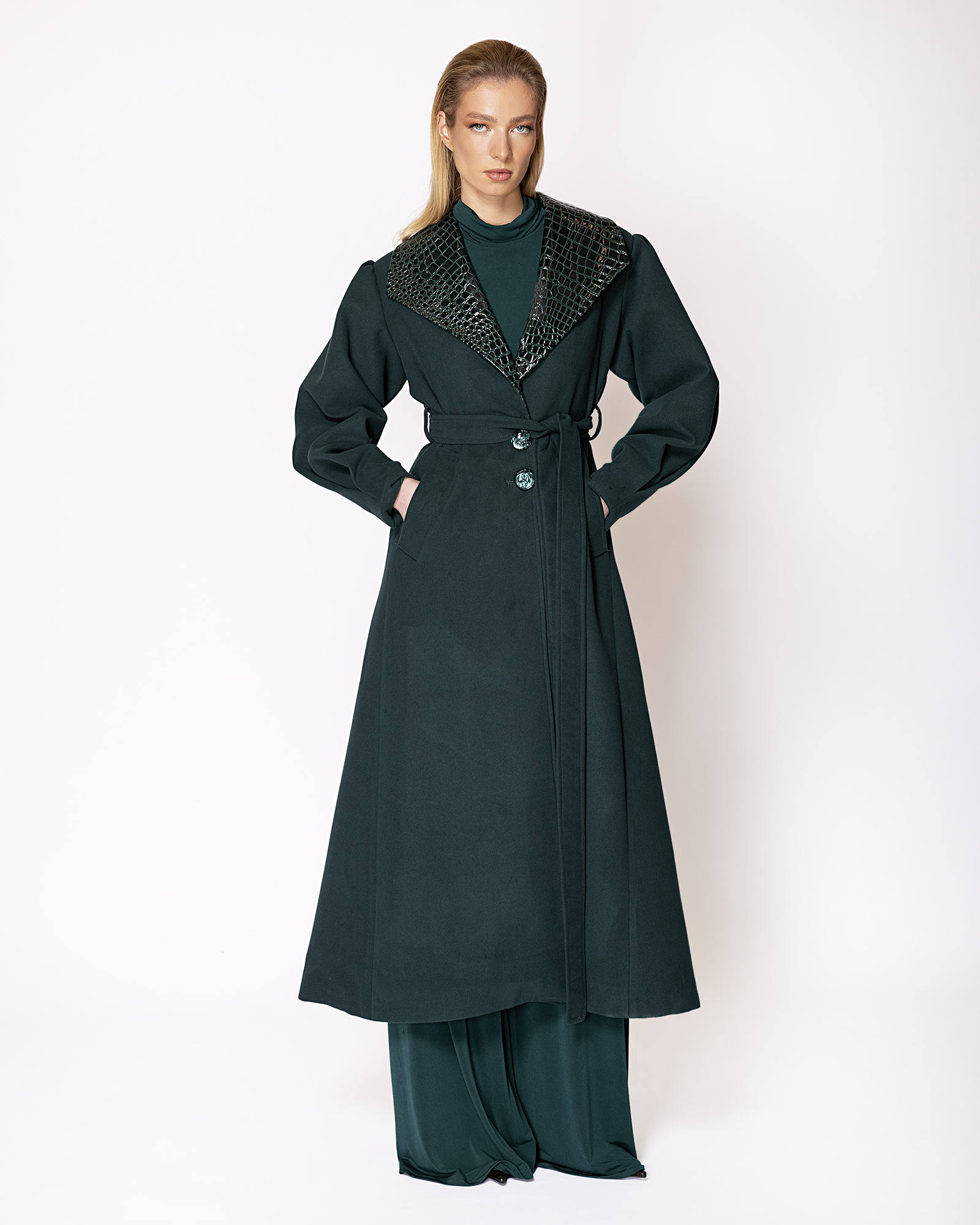 FW016 FW-016 | LONG GREEN COAT WITH CROC-EFFECT LAPELS AND BELT - Image 1