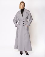 FW-021 | LONG GREY TRENCH COAT WITH OVERSIZED LAPELS AND BELT