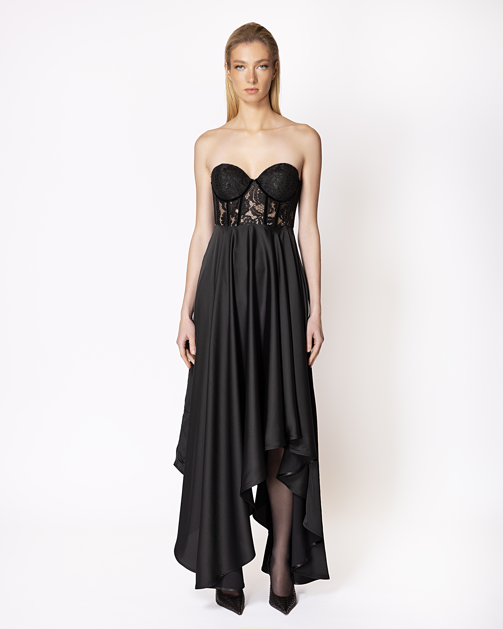 FW024 FW-024 | BLACK STRAPLESS DRESS WITH LACE CORSET - Image 1