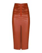FW-017 | MIDI ECO-LEATHER SKIRT WITH GATHERING AND FRONT SLIT - Image 2