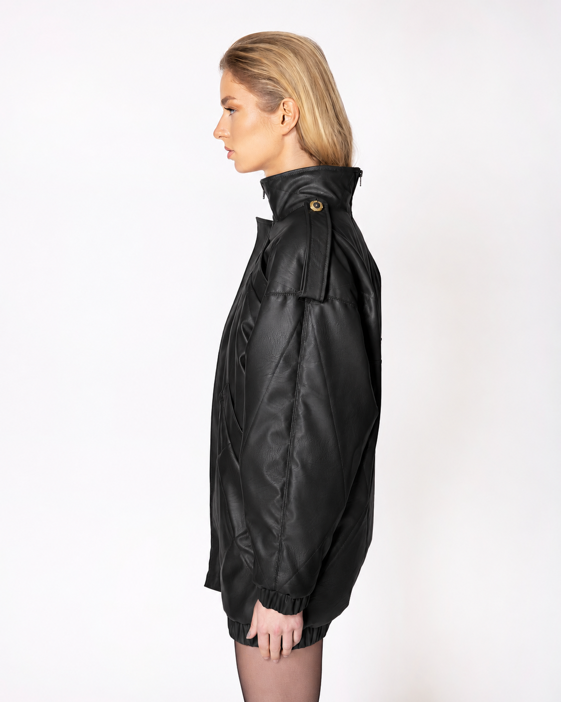 FW008B3 FW-008B | BLACK OVERSIZED FAUX-LEATHER PUFFER JACKET - Image 1