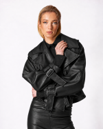 FW-011B | BLACK BELTED FAUX-LEATHER JACKET - Image 2