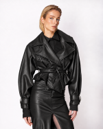 FW-011B | BLACK BELTED FAUX-LEATHER JACKET - Image 3