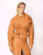 FW-011T | TAN BELTED FAUX-LEATHER JACKET - Image 2