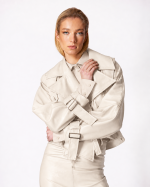 FW-011W | OFF-WHITE BELTED FAUX-LEATHER JACKET - Image 2