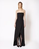 FW-032 | STRAPLESS FITTED MAXI DRESS WITH ASYMMETRIC DRAPED OPENING AND TAILORED POCKET DETAILS