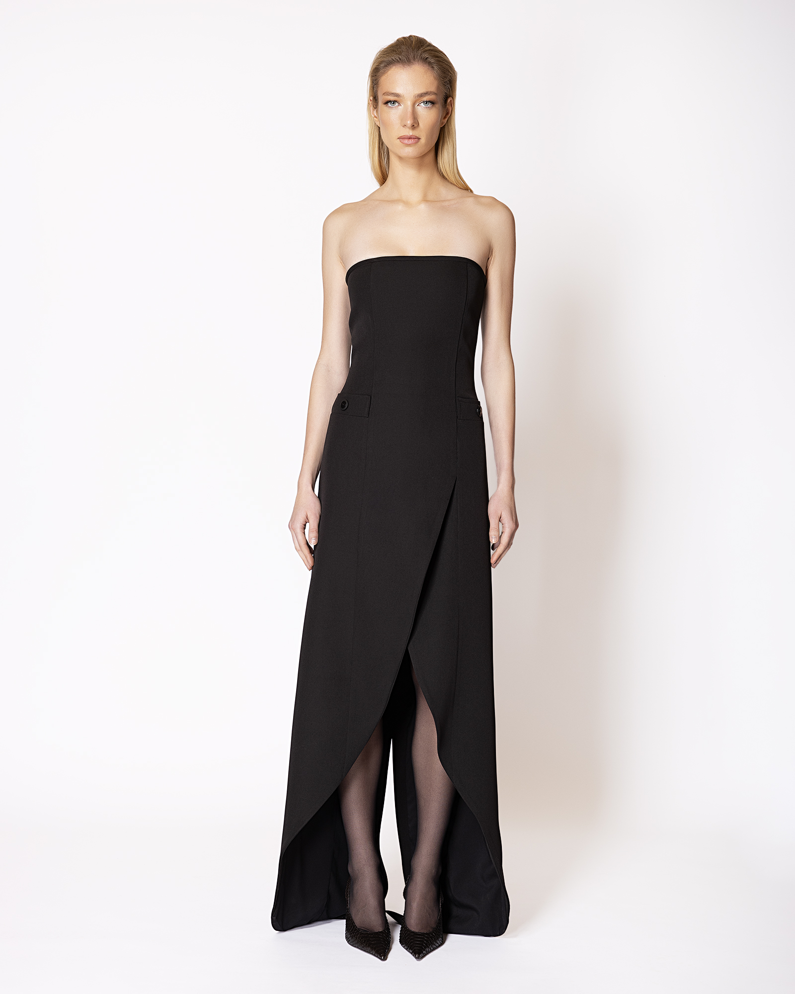FW032 FW-032 | STRAPLESS FITTED MAXI DRESS WITH ASYMMETRIC DRAPED OPENING AND TAILORED POCKET DETAILS - Image 1