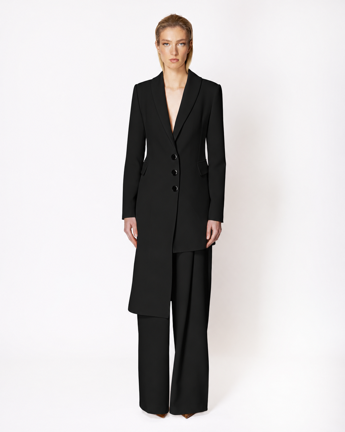FW034B FW-034B | BLACK LONG BLAZER WITH SHAWL COLLAR AND ASYMMETRIC HEM - Image 1