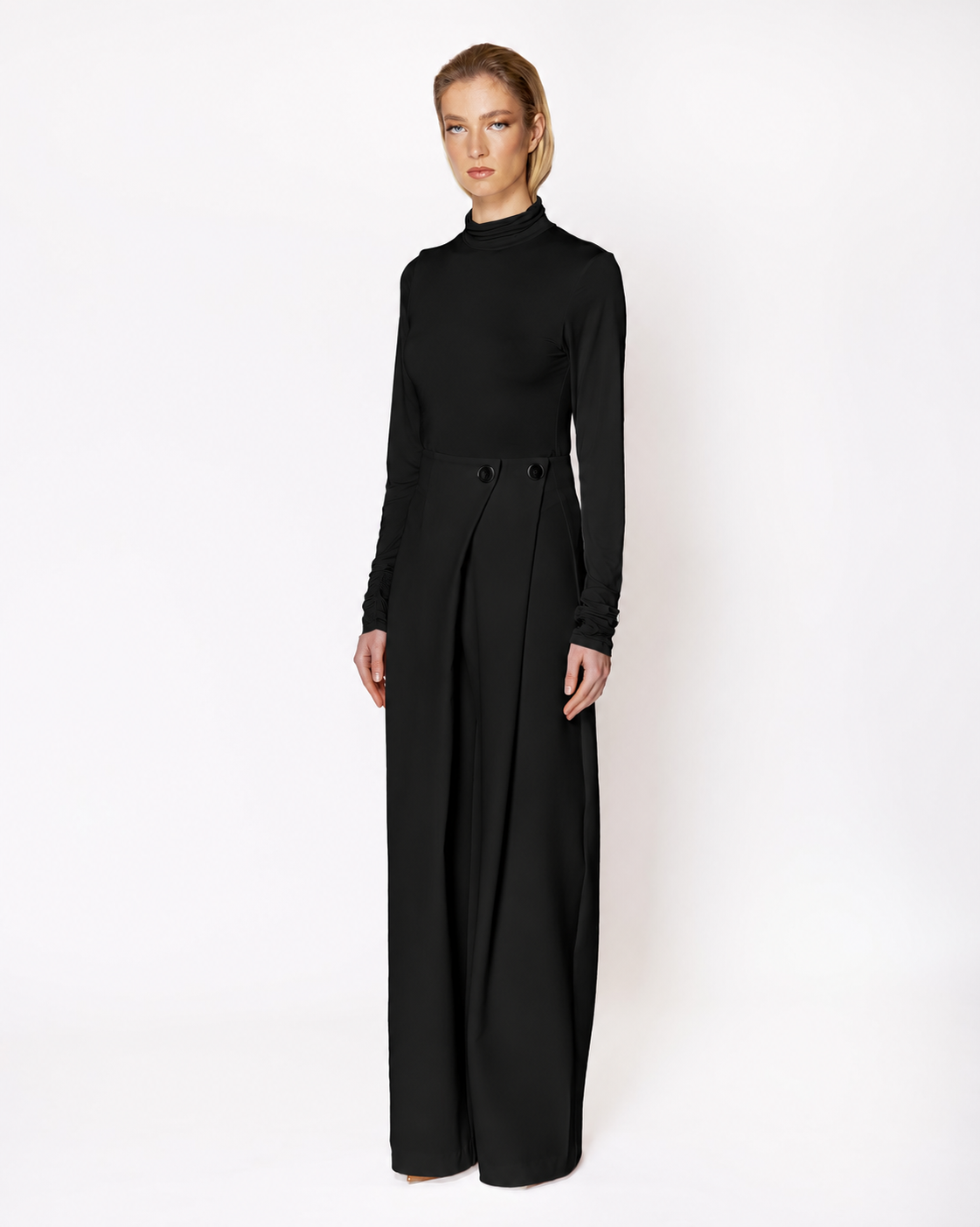 FW035B FW-035B | BLACK HIGH-WAISTED TROUSERS WITH DOUBLE BUTTONS AND WIDE LEGS - Image 1