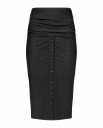FW-041B | BLACK MIDI SKIRT WITH RUCHED YOKE AND FRONT BUTTONS - Image 2