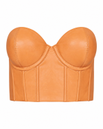 FW-042T | TAN STRAPLESS LEATHER-LOOK BUSTIER WITH VERTICAL SEAM DETAILING - Image 3