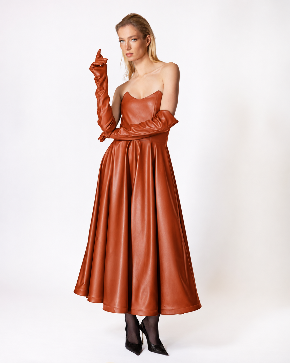 FW044BN FW-044BN | BROWN STRAPLESS MIDI DRESS IN ECO LEATHER - Image 1
