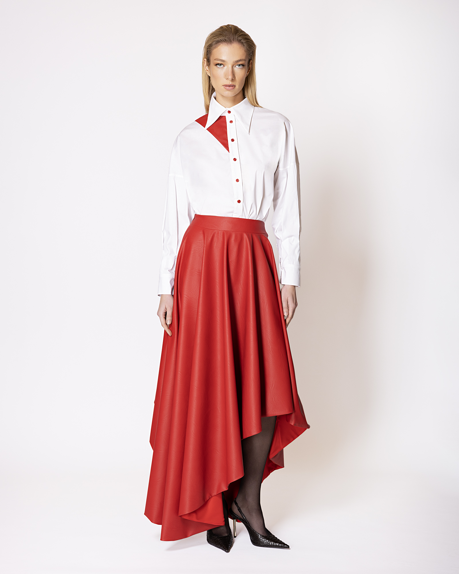FW049 FW-049 | RED LEATHER MAXI SKIRT WITH ASYMMETRIC HEM - Image 1