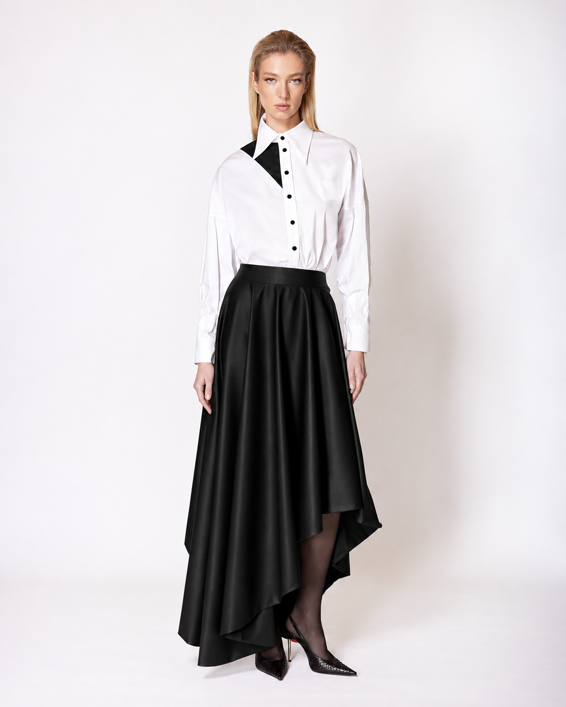 FW049B FW-049B | BLACK ASYMMETRIC FAUX LEATHER SKIRT - Image 1