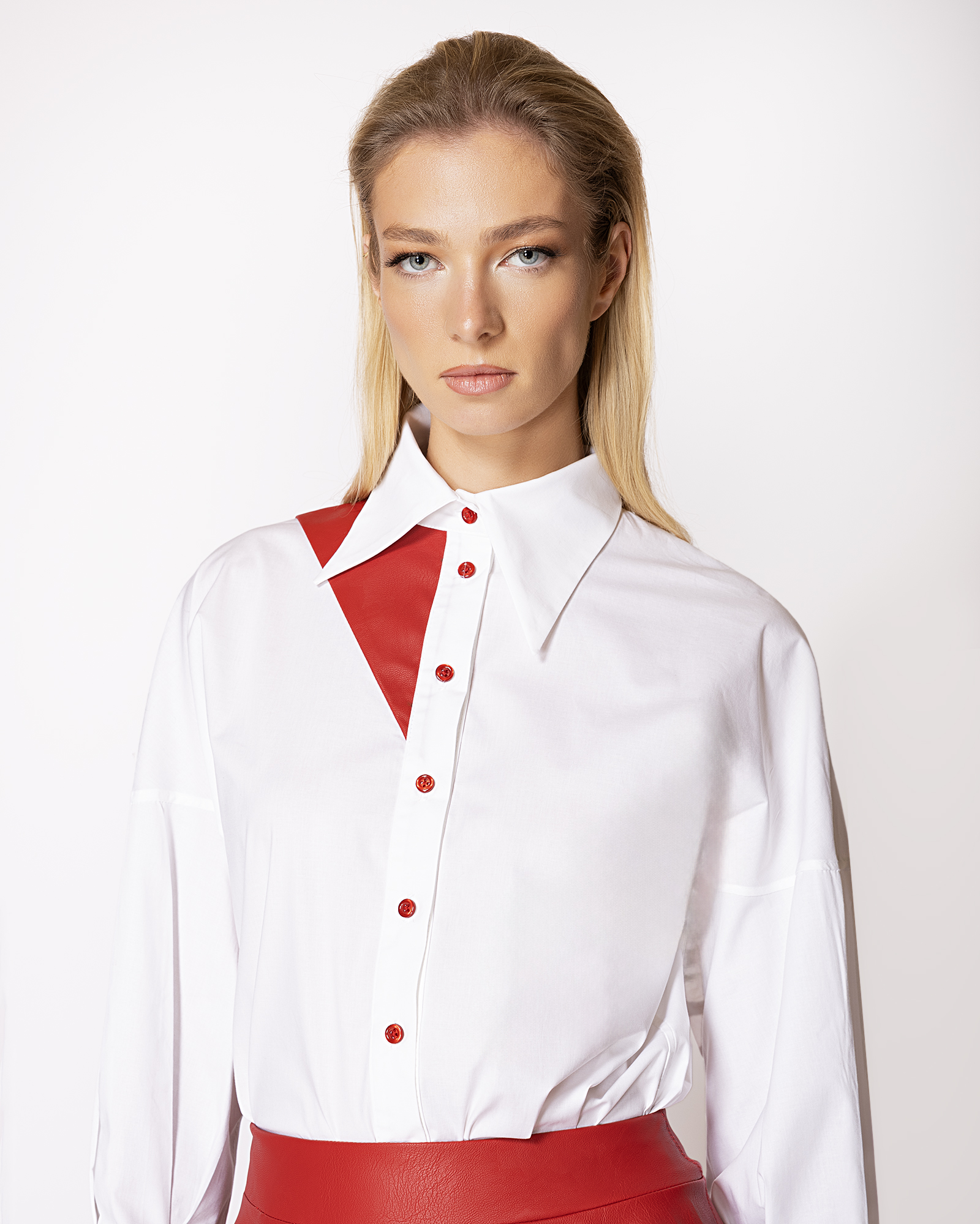FW050 FW-050 | WHITE SHIRT WITH RED LEATHER DETAIL - Image 1