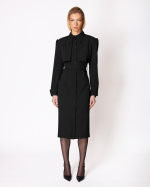 FW-054B | BLACK MIDI SHIRT DRESS WITH BELT AND OVERLAY
