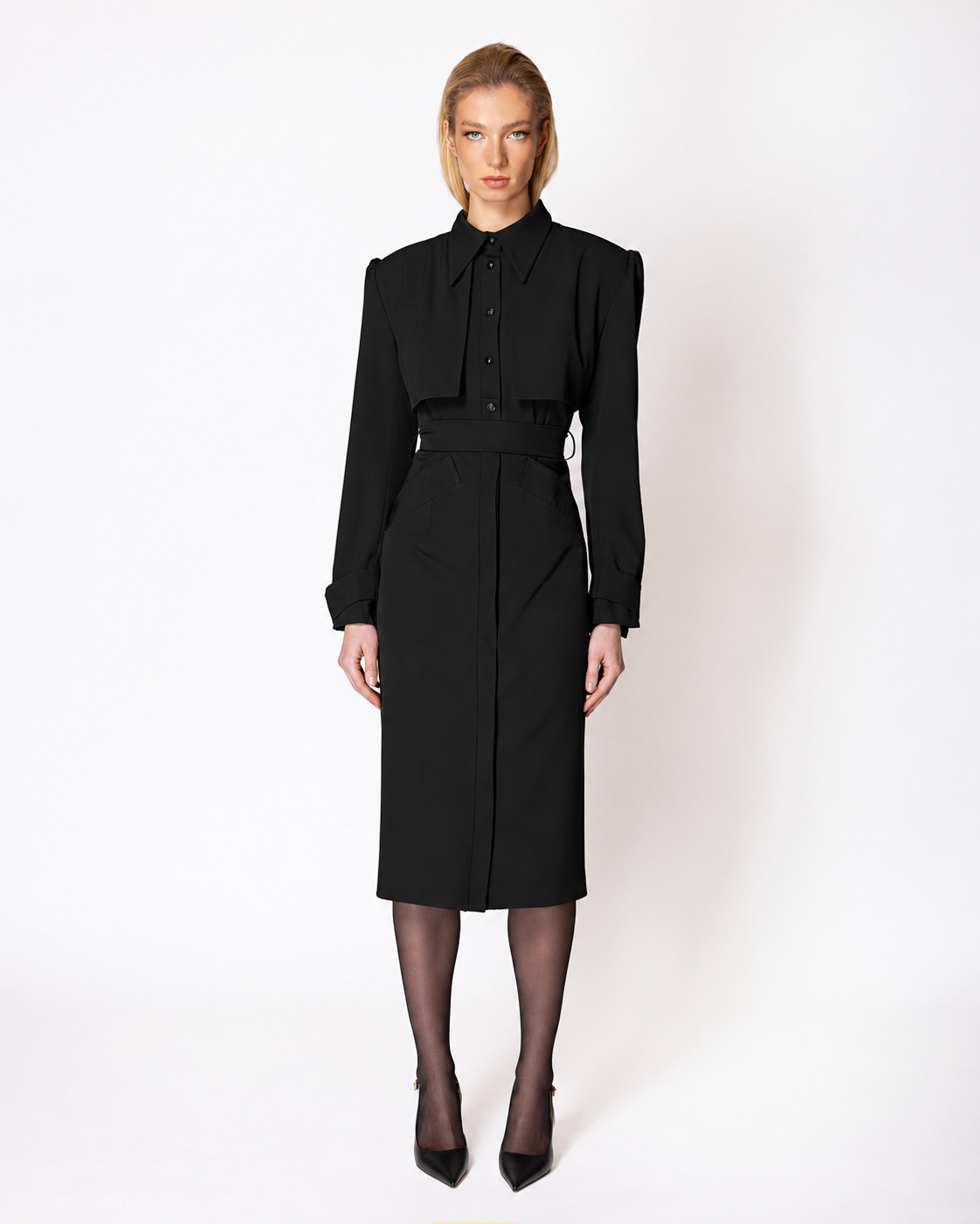 FW054B FW-054B | BLACK MIDI SHIRT DRESS WITH BELT AND OVERLAY - Image 1