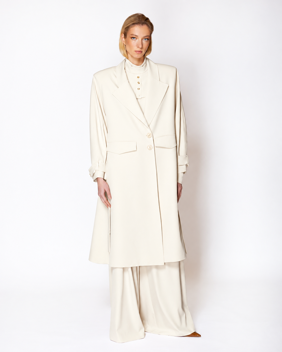 FW055W2 FW-055W | OFF WHITE COAT WITH WIDE LAPELS AND CUFF STRAPS - Image 1
