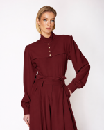 FW-057BR | BURGUNDY CREPE AND STRETCH JERSEY BODYSUIT WITH GOLD BUTTONS