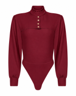 FW-057BR | BURGUNDY CREPE AND STRETCH JERSEY BODYSUIT WITH GOLD BUTTONS - Image 2
