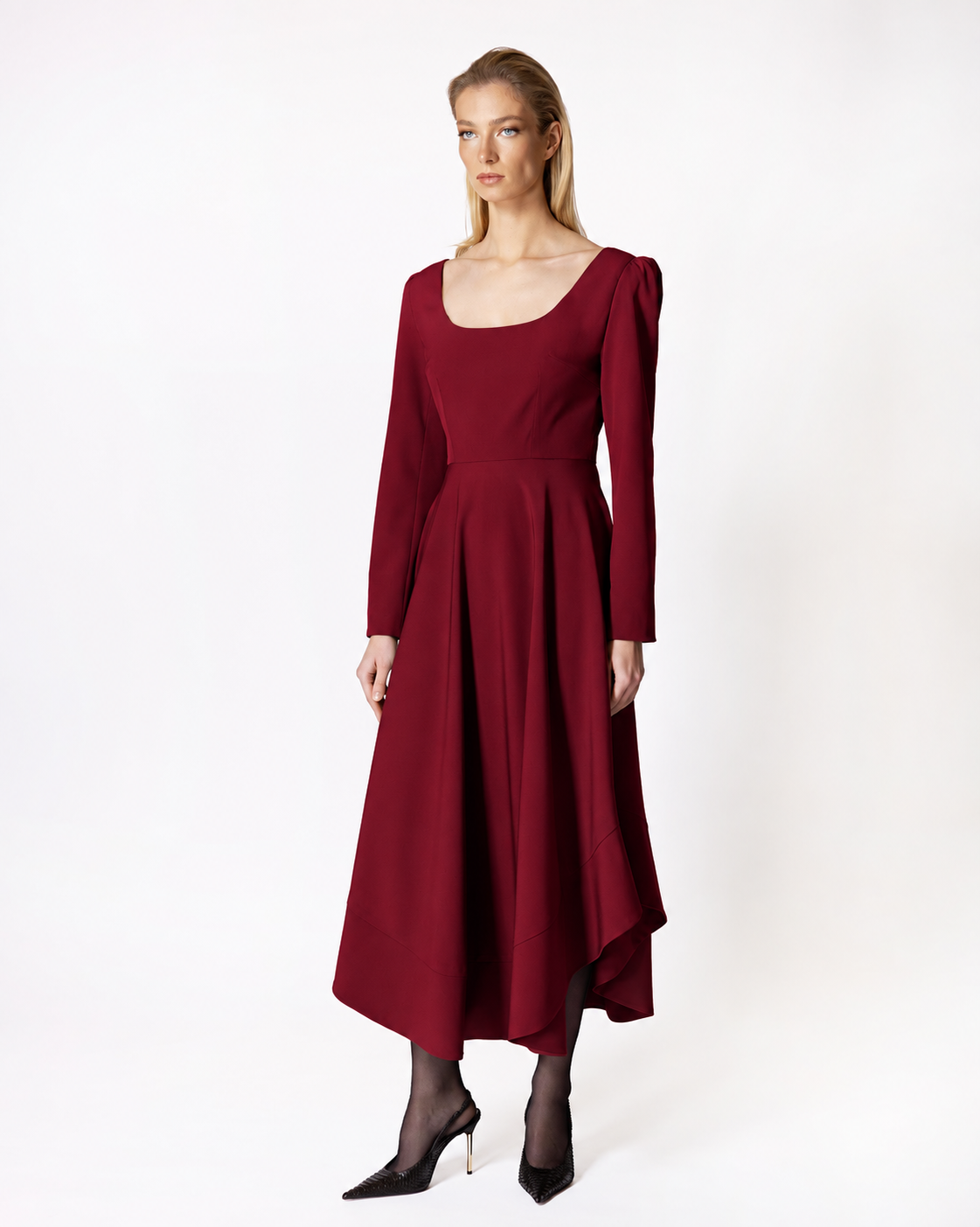 FW058BR FW-058BR | FITTED MIDI DRESS WITH ASYMMETRIC HEM - Image 1