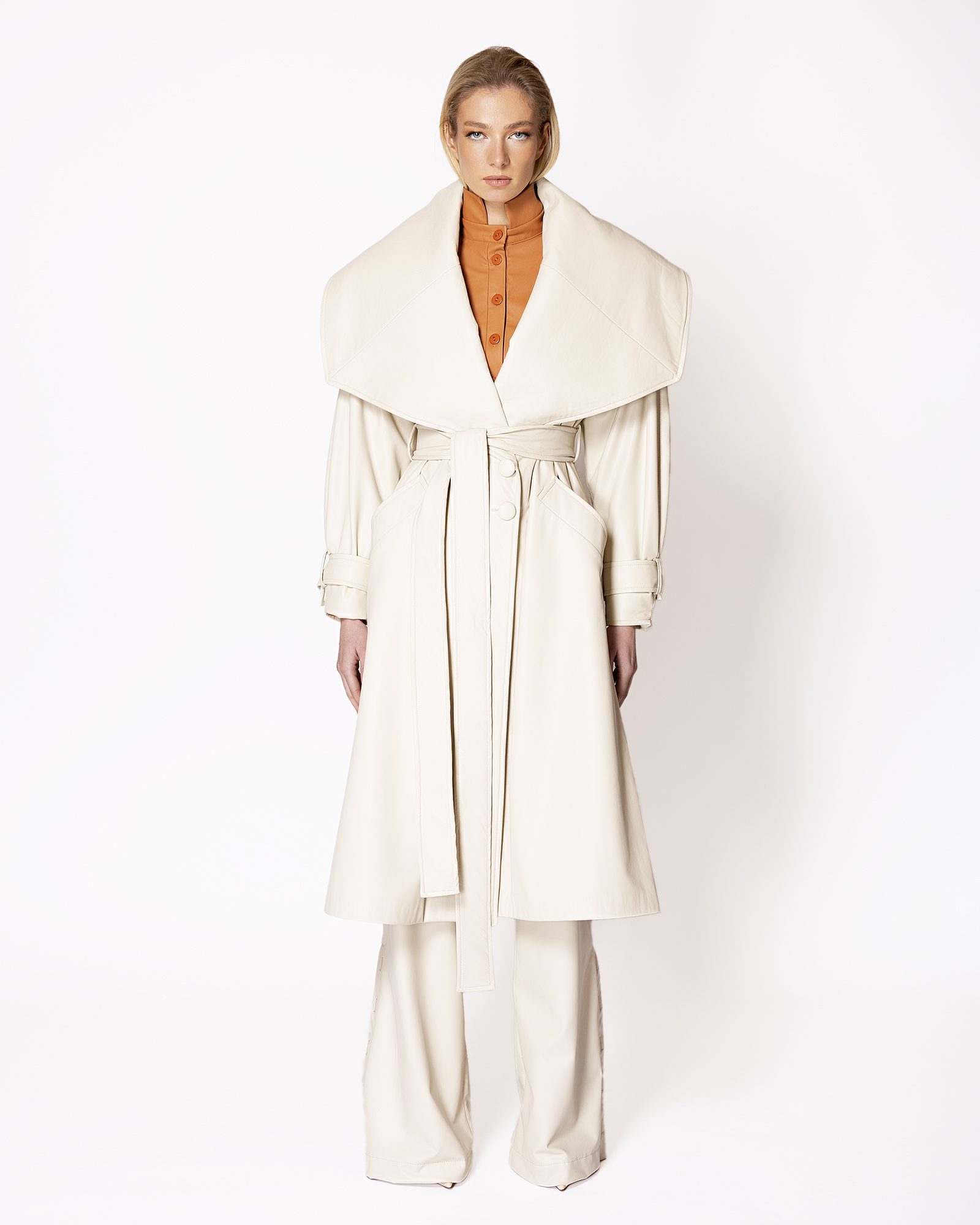 FW059 FW-059 | LONGLINE LEATHER COAT WITH OVERSIZED COLLAR - Image 1