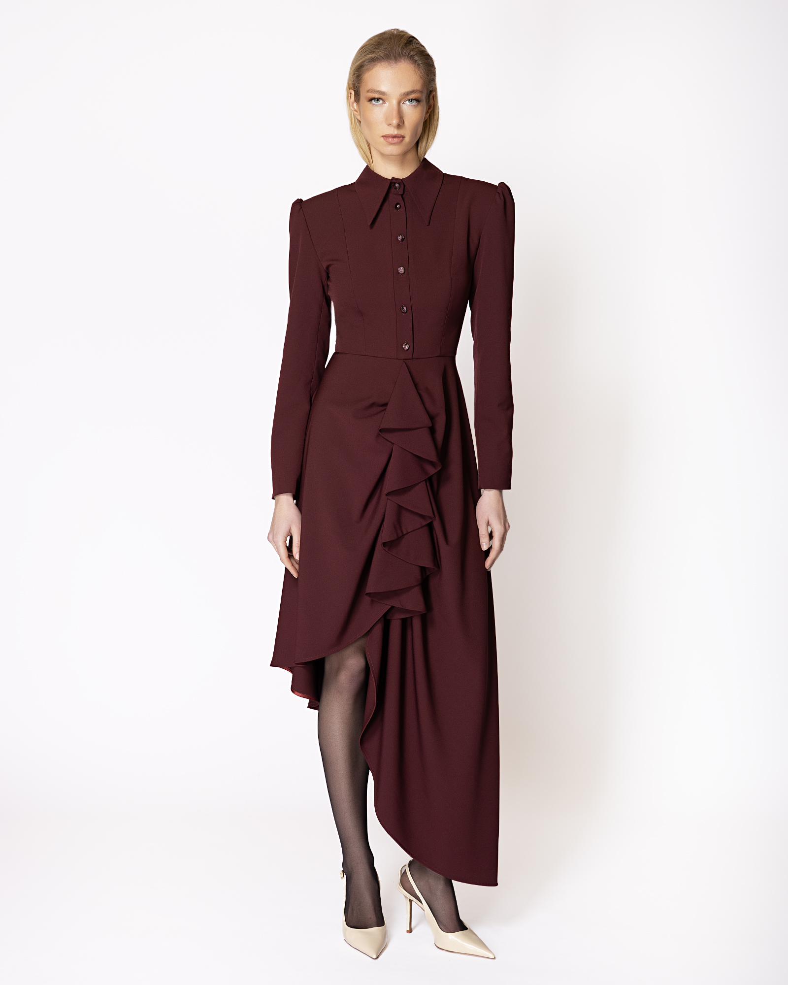 FW063 FW-063 | ASYMMETRIC DRESS WITH CASCADING RUFFLE - Image 1