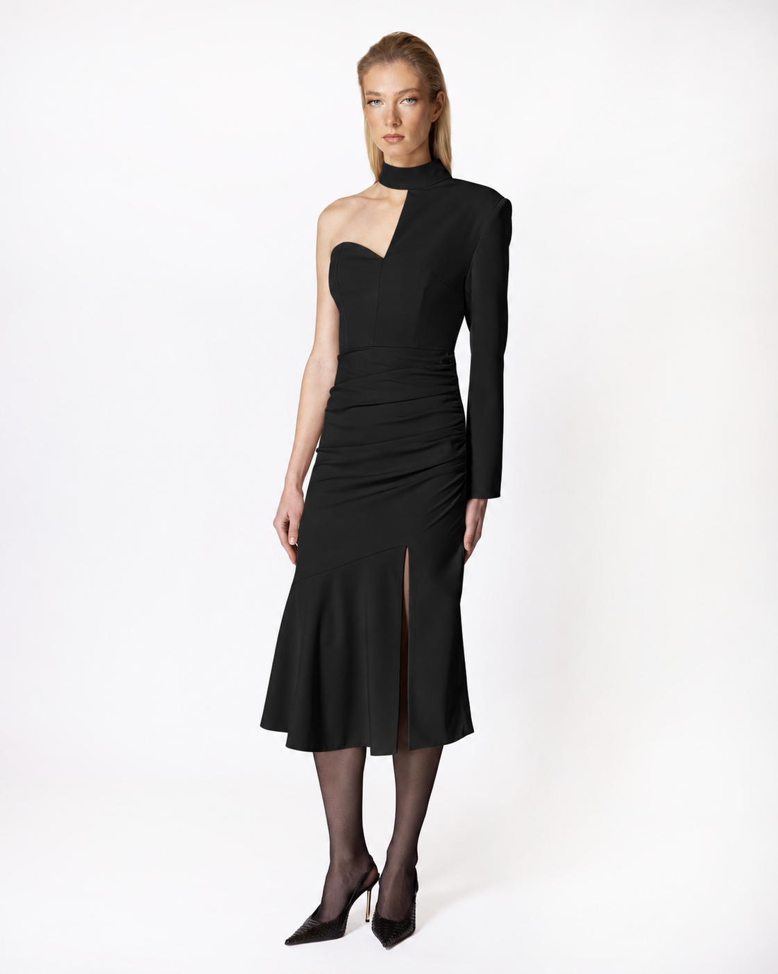 FW064B FW-064 | ASYMMETRIC MIDI DRESS WITH RUCHING - Image 1