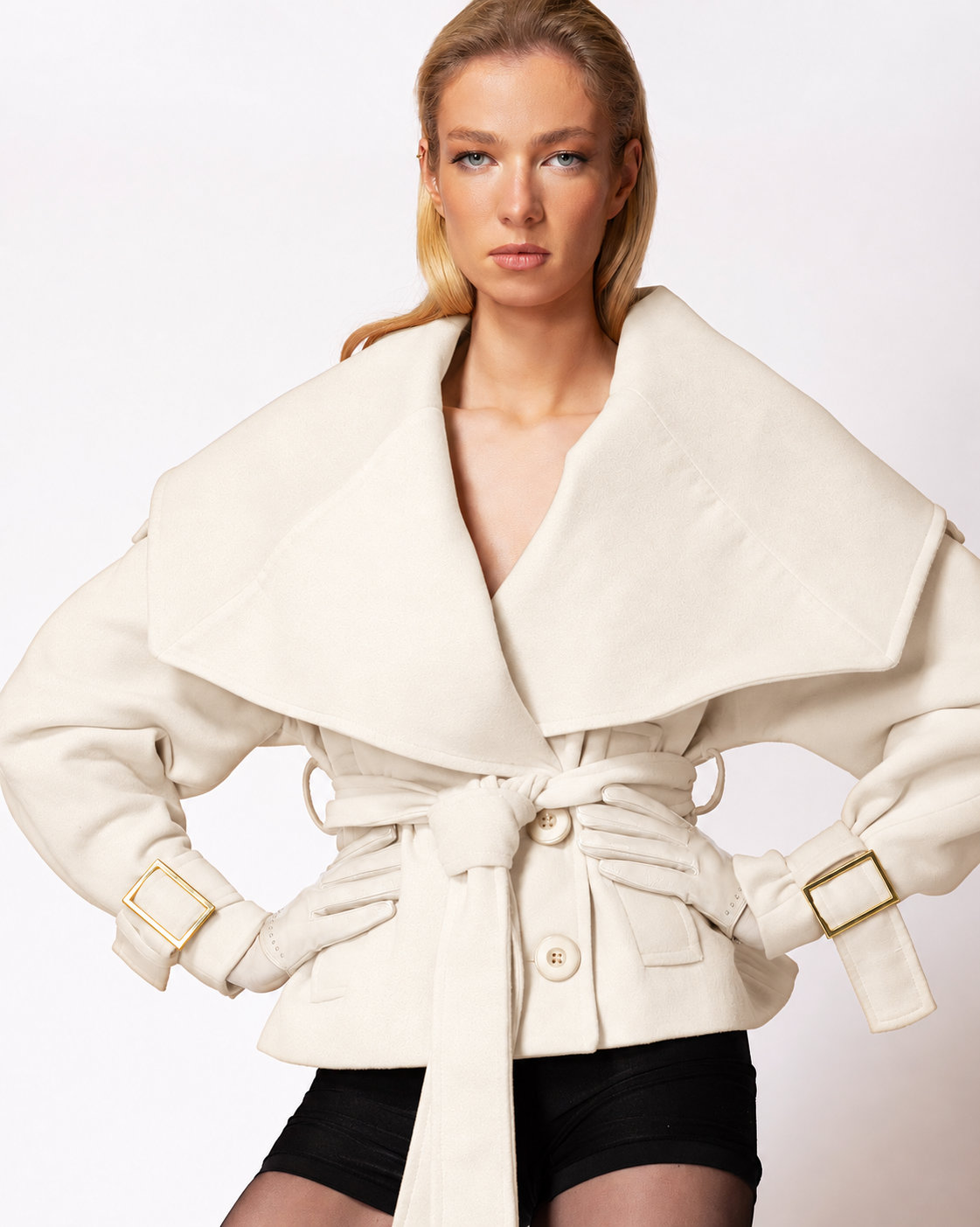 FW076W2 FW-076W | CROP COAT WITH OVERSIZED COLLAR AND WAIST BELT - Image 1